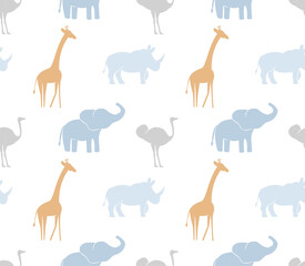Seamless pattern with abstract African animals, elephant, rhino, emu, cheetah. Trendy safari texture for fabric, wrapping, textile, wallpaper, kids apparel. Pastel colors