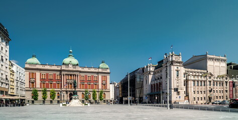 Fototapeta na wymiar Belgrade, Republic Square, National Museum, Prince Michael sculpture, Serbian National Theatre