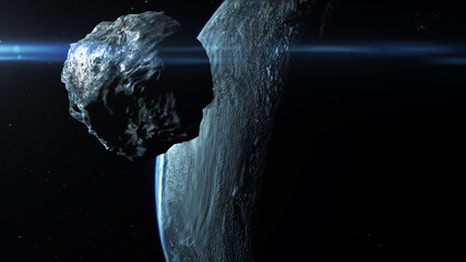 Asteroid Meteor Rock Flying Toward Planet Earth Realitic Cinematic vision of earth and large meteor Asteroid Comet- Outer space view  © ImageBank4U