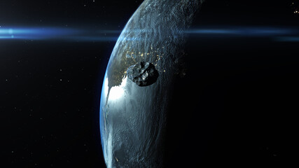 Asteroid Meteor Rock Flying Toward Planet Earth
Realitic Cinematic vision of earth and large meteor Asteroid Comet- Outer space view

