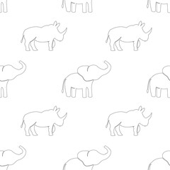 Seamless pattern with abstract outline African rhino and elephant animals.Trendy safari texture for fabric, wrapping, textile, wallpaper, apparel. Silhouette illustration isolated on white