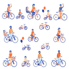 Naklejka premium A large set of people in protective helmets on bicycles. Young people, children, seniors and bicycles. Flat color illustrations isolated on white background.