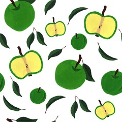 Apple green fruits seamless pattern. Hand drawn illustration by gouache. Design for background, fabric, textile, cafe, packaging. Botanical art.