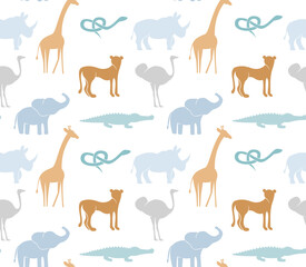 Seamless pattern with abstract African animals giraffe, elephant, rhino, emu, snake, crocodile, cheetah. Trendy safari texture for fabric, wrapping, textile, wallpaper, apparel. Pastel colors
