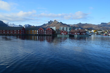 Fototapeta premium Autumn colors in the mountains and fjords of the Lofoten islands in Norway