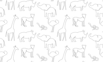 Seamless pattern with abstract outline African animals giraffe, elephant, rhino, emu, snake, crocodile, cheetah. Trendy safari texture for fabric, wrapping, textile, wallpaper, apparel.