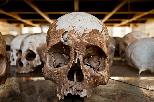 Skulls of victims at The Killing Fields who were murdered by the Khmer Rouge during the 1970s