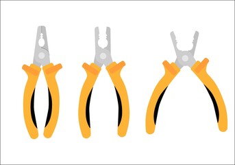 Conventional pliers tool icon. Closed, half open and fully open one. Yellow colored handle, thick metallic tip or sponge pliers. Flat illustration.