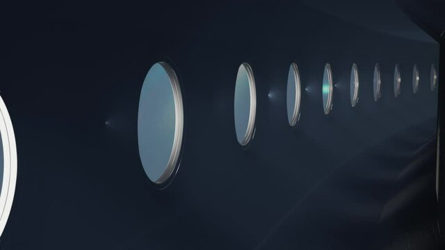 Huge illuminator's of an unknown spaceship interior at an empty galaxy. 3D ISS animation in 4k.
