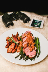 Duck breast with mango chutney and asparagus