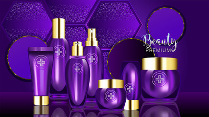 Beauty product ad design, purple cosmetic containers with collagen solution advertising background ready to use, luxury skin care banner, illustration vector.