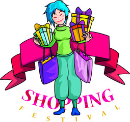 young woman very happy with shoping festival colorful