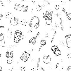 A pattern with self-education things. Book, pen, apples, magnifier, tea mug, smartphone, notepad, headphones, potted plant, scissors. Vector isolated illustration.