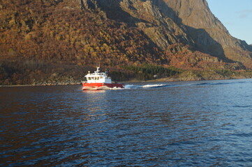 Autumn colors on the mountains and in the fjords of Lofoten Norway