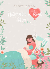 Caring mother breastfeed newborn baby at hospital flat  concept. Vector illustration with young woman and child for prints, cards. Mother's day poster. - 368028961