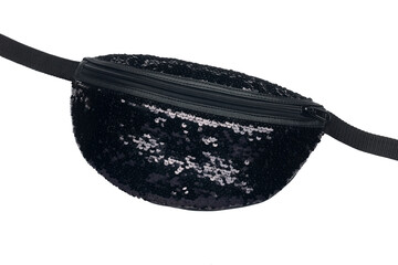 Black shiny waist bag isolated on white background. Close-up.