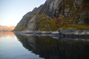 Autumn colors on the mountains and in the fjords of Lofoten Norway