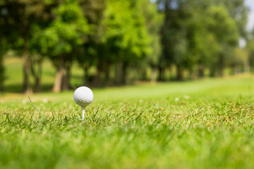 Close up shot of a golf ball sat on a tee with the green field in the background the club just about to drive into from a big swing ready to get a hole in one in a london golf club