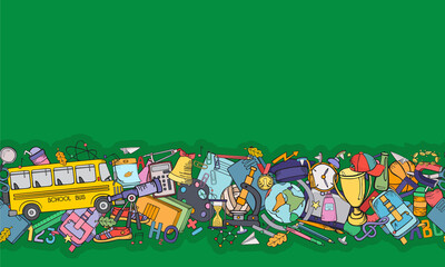 Back to school. School tools, supplies on a green board. Color vector banner. Hand drawing.