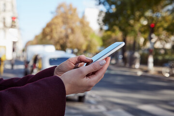 Woman using smartphone in the streets of Paris, France.