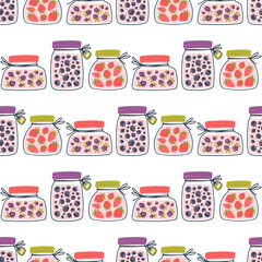 Blackberry, blueberry and strawberry in glass jars isolated on a white background. Bright cartoon berry jam. Vector seamless pattern. Flat design for textile, wrapping paper, wallpaper, web design.