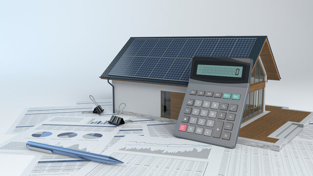 House with photovoltaic solar panel and calculator and documents - 3d illustration

