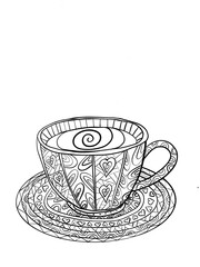 Mug with hot drink with patterns and ornament for coloring can be used for books decoration textiles outline