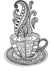 Mug with hot drink with patterns and ornament for coloring can be used for books decoration textiles outline