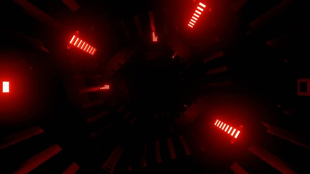 HD video abstract energy tunnel looping with cinematic red lighting in space with rotating effect. seamless loop flying into spaceship tunnel, sci-fi spaceship. Futuristic technology 3D render VJ.