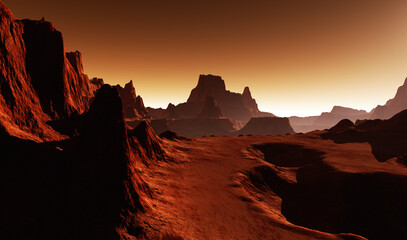 Fototapeta na wymiar Mars - the red planet. Cold desert on Mars. Martian Landscape