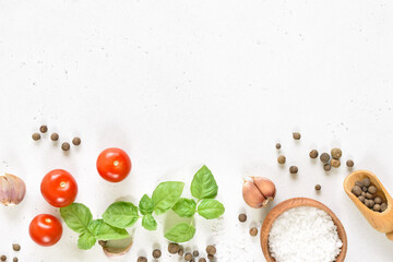 Fresh basil and spices on white stone background