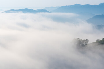 Fototapeta na wymiar View of amazing mist moving over the nature mountains during sunrise at mountains area in Thailand.