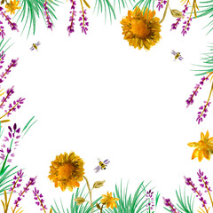 hand drawn floral background with sunflowers, lavenders, leaves and bees. Watercolor
