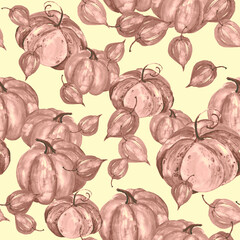 Watercolor, vintage seamless pattern with the image of a pumpkin. physalis, autumn leaves watercolor. Background can be used for Halloween
