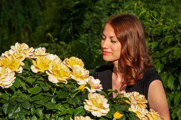 Photo of a young woman in flowers. Woman in front of a bush of blooming roses. A bush with yellow roses.