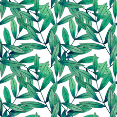 Tropical watercolor seamless floral pattern with marigold green leaves. Botanical illustration.On white background.Can be used for textiles, fabrics,bedclothes, wallpaper, wrapping paper,packaging.