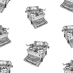 Seamless background of sketches  vintage typewriter