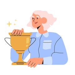 Happy woman holds gold champion cup isolated on white background in flat cartoon style. Business woman or entrepreneur celebrate victory, professional achievement, career or job success or triumph.