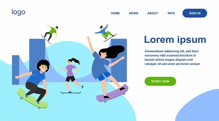 Fun extreme skateboard park flat vector illustration. Cartoon teenagers jumping and doing tricks with boards. Outdoor teenage activity and skateboarding concept