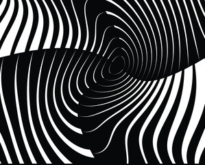 Opt Art style background. Volume of Black and white strips or lines optical horizontal illusion.Abstract pattern. Texture with wavy, billowy lines. Wave design black and white