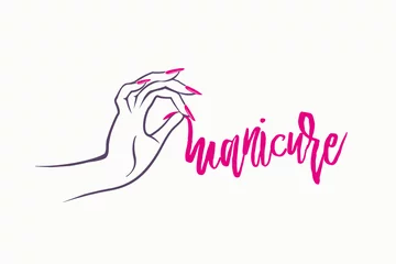 Foto auf Acrylglas Nagelstudio Frauenhand mit rosa Nagellackmaniküre. Elegante Nagelkunst. Nagelstudioillustration. Schönheits- und Badekurortikone. Handgeschriebene Typografie.