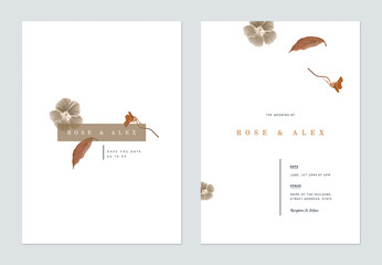Minimalist floral wedding invitation card template design, brown and flowers and leaves on white