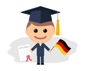 Cartoon graduate with graduation cap holding diploma and flag of Germany