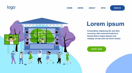 Naklejka premium Cartoon people entertaining at open air festival flat vector illustration. Music performance, party or rock concert outdoors. Entertainment, park and weekend concept