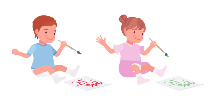 Toddler child, little boy and girl drawing a picture with paints. Cute sweet happy healthy baby, children aged 12 to 36 months wearing diaper, dress. Vector flat style cartoon illustration