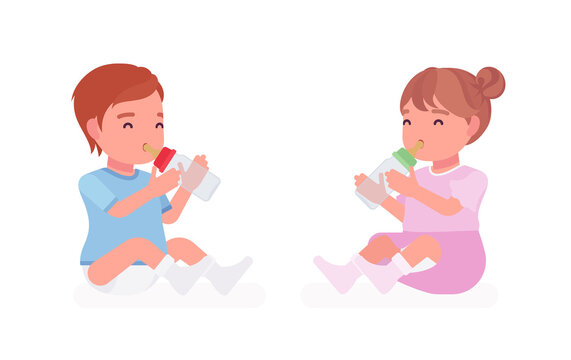 Toddler child, little boy and girl drinking from bottle for nutrition. Cute sweet happy healthy baby aged 12 to 36 months, wearing blue tee shirt, diaper, dress. Vector flat style cartoon illustration