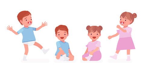 Toddler child, little boy and girl expressing different good emotions. Cute sweet happy healthy baby aged 12 to 36 months wearing blue tee shirt, diaper, dress. Vector flat style cartoon illustration