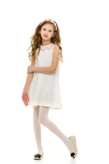 Full Body Length Portrait of Beautiful Girl in White Lace Dress