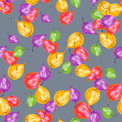 watercolor physalis seamless pattern. autumn berry illustration. botanical background. Seamless pattern with hand drawn watercolor physalis. Autumn background.
