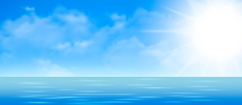 The ocean or sea. Sky with clouds and reflection of light in the water surface, romantic fantasy on the background of a natural scene. Cartoon illustration